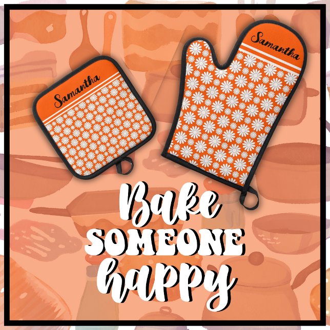 Jeder Name Niedlich florales Daisy-Muster Ofenhandschuh & Topflappen-Set (Bake Someone Happy with this cute orange & white daisy pattern oven mitt and pot holder set.)