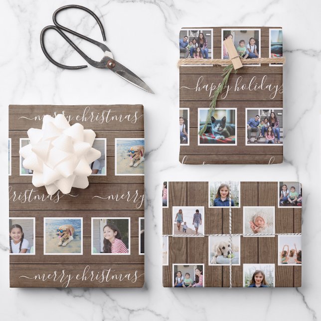 Jeder Text 12 Foto Collage Rustikales Holz Weihnac Geschenkpapier Set (Von Creator hochgeladen)