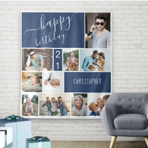 Jedes Alter 10 Foto-Collage Personalisiert Blau Wandteppich