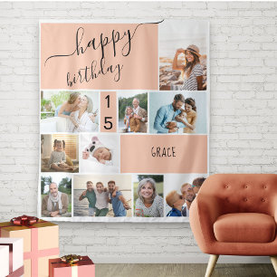 Jedes Alter 10 Foto-Collage Personalisiert Pfirsic Wandteppich