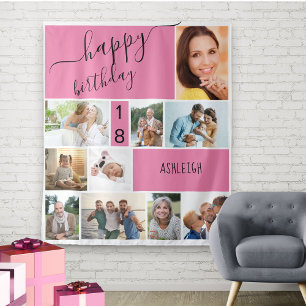 Jedes Alter 10 Foto-Collage Personalisiert Rosa Wandteppich