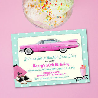 JEDES ALTER - 1950er Retro Pink Cadillac Geburtsta Einladung
