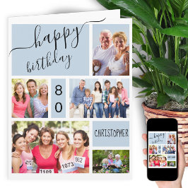 Jedes Alter 5 Foto Collage Gray Blue Custom Geburt Karte