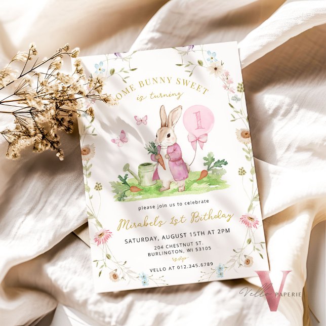 JEDES ALTER Bunny Pink Aquarell Wildblume Geburtst Einladung (Von Creator hochgeladen)