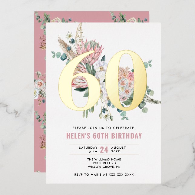 Jedes Alter Elegante Moderne Dusty Rose Blumen Folieneinladung (Vorderseite/Rückseite)