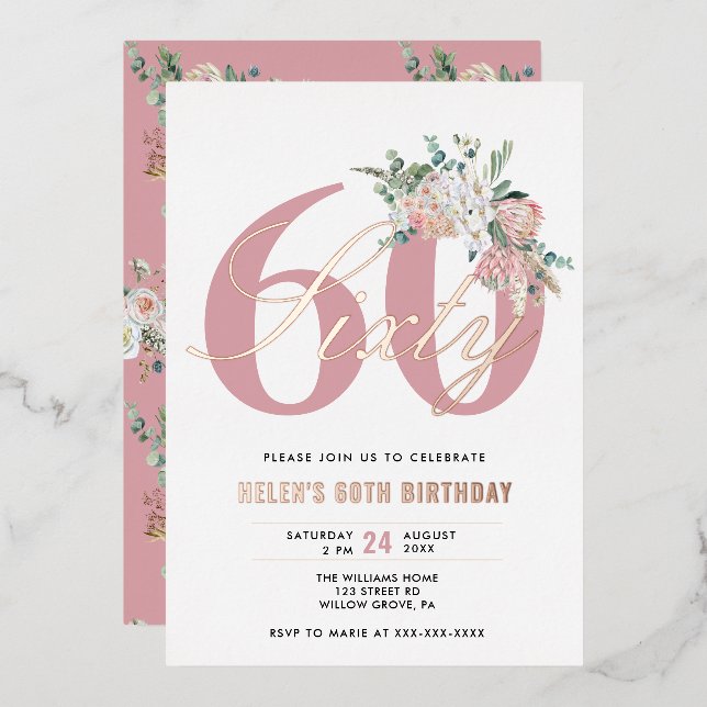 Jedes Alter Elegante Moderne Dusty Rose Blumen Folieneinladung (Vorderseite/Rückseite)