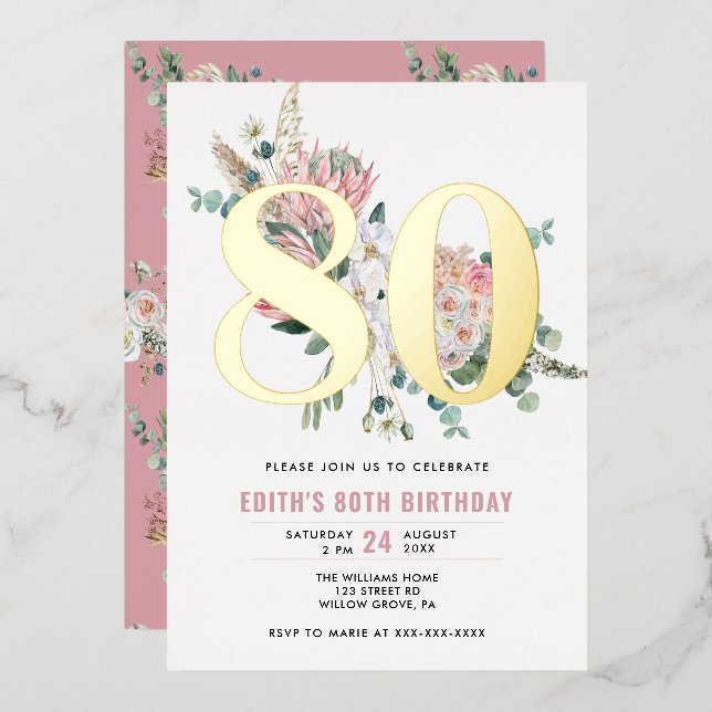 Jedes Alter Elegante Moderne Dusty Rose Blumen Folieneinladung (Vorderseite/Rückseite)