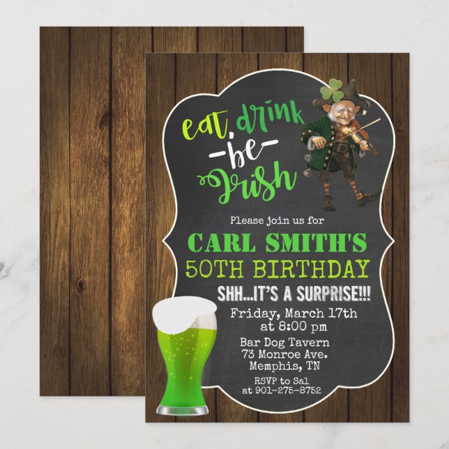 JEDES ALTER - Essen Drink sei irisch zum Geburtsta Einladung (Vorne/Hinten)