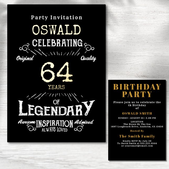 Jedes Alter Geburtstag Geborenen legendären Black  Folieneinladung (Gold foil birthday invitation with black background and white typography.)