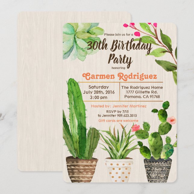 JEDES ALTER - Kakteen Succulent Birthday Einladung (Vorne/Hinten)