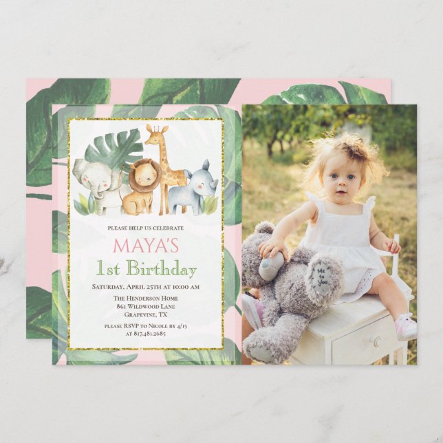 JEDES ALTER - Safari Animals Jungle Foto Geburtsta Einladung (Vorne/Hinten)