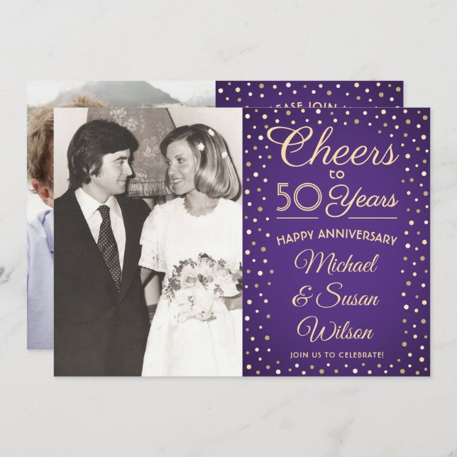 JEDES JAHR 2 Foto Cheers Lila & Gold Party Einladung (Vorne/Hinten)