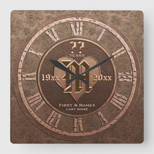 Jedes Jahr Vintager Kupferschauspiel Hochzeitstag Quadratische Wanduhr (Vorderseite)