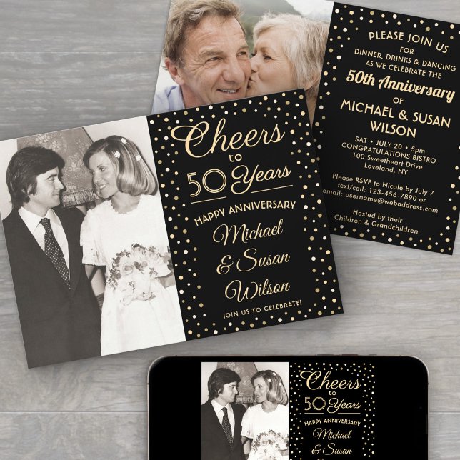 JEDES Jubiläum 2 Foto Cheers Black & Gold Party Einladung (Von Creator hochgeladen)
