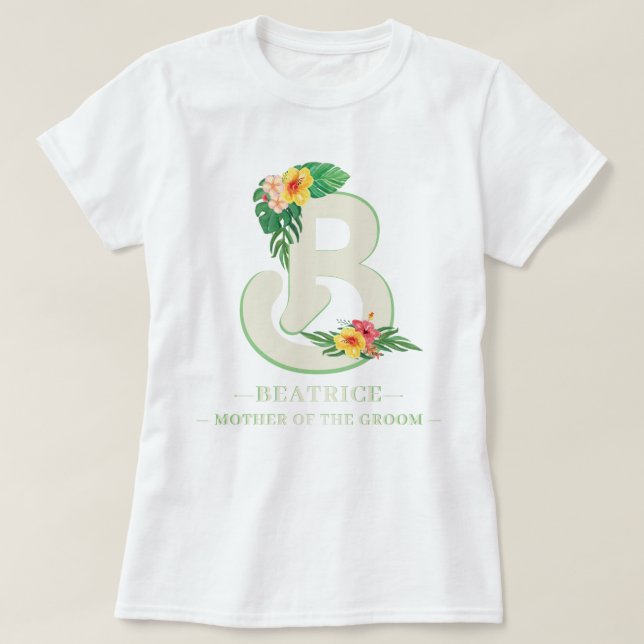 Jedes Letter Monogram Tropical Blume Plam-Blätter T-Shirt (Design vorne)