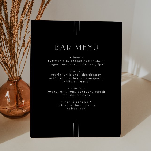 JEDES MODERNE Art Deco Black Wedding Bar Menu Zeic Sockelschild (EVERLY Modern Art Deco Black Wedding Bar Menu Sign)
