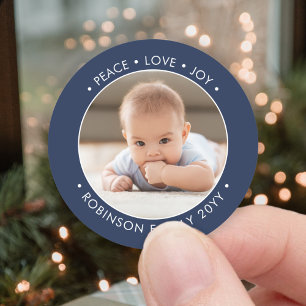 Jedes Text Navy Blue & White Peace Liebe Joy Foto Runder Aufkleber