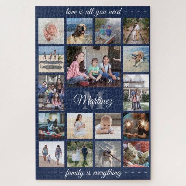 Jedes Zitat Familie Foto Collage Navy Blue Monogra Puzzle (Vertikal)