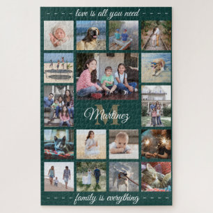 Jedes Zitat Familien-Foto-Collage Grün Gold Monogr Puzzle