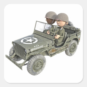 Jeep mit 2 Cartoon Soldaten Quadratischer Aufkleber