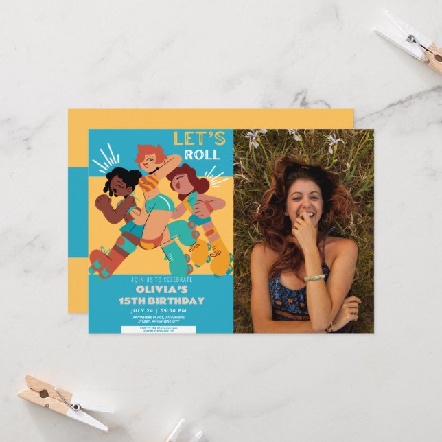 Jegliche Altersruderwalze Skate Mädchen Foto Gebur Einladung (Vorderseite/Rückseite Beispiel)