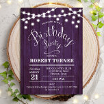 Jegliche Geburtstagsparty - Rustikales Lila Holz Einladung<br><div class="desc">Jede urige Geburtstagsfeier in lila und weiß. Das Design umfasst Holzmuster,  Streichellichter und einen stilvollen Script-Schriftart. Personalisieren Sie Ihre persönlichen Daten. Bitte schreiben Sie uns,  wenn Sie weitere Anpassungen benötigen.</div>