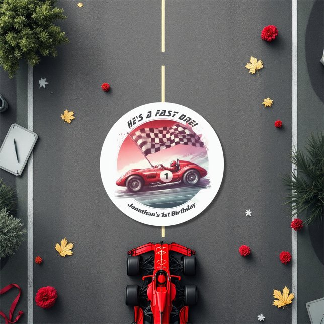 Jegliche individuell anpassbare Rennwagen Geburtst Runder Aufkleber (Any Age Customizable Race Car Birthday Party Classic Round Sticker)