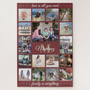 Jegliche Quote Familie Foto Collage Burgundy Monog Puzzle