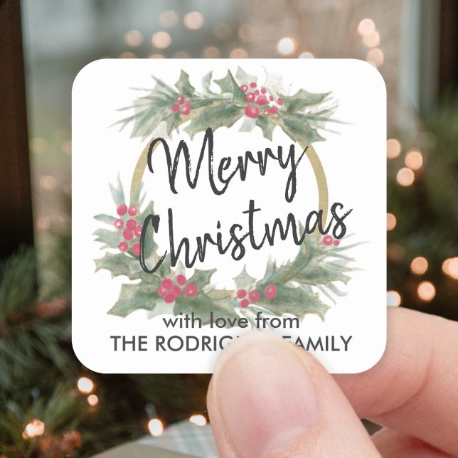 Jegliche Text Wasserfarbe Holly Wreath Elegante We Quadratischer Aufkleber (Von Creator hochgeladen)