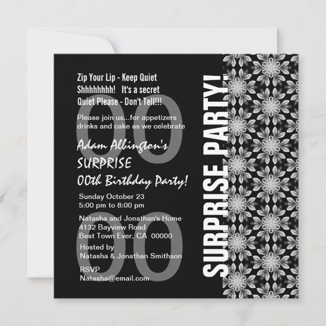 Jegliche Überraschung Geburtstag Moderne Schwarze  Einladung (Vorderseite)