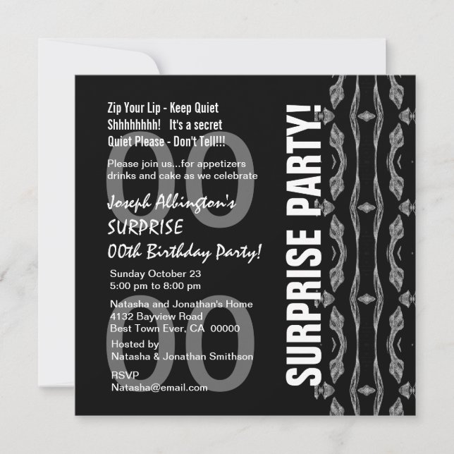 Jegliche Überraschung Geburtstag Modernes Schwarze Einladung (Vorderseite)
