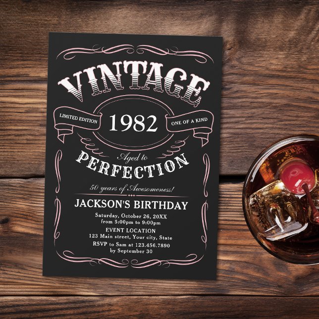 Jegliche Vintage Whiskey-Theme Geburtstagseinladun Einladung (Pink Any Age Whiskey themed surprise 50th birthday Invitation)