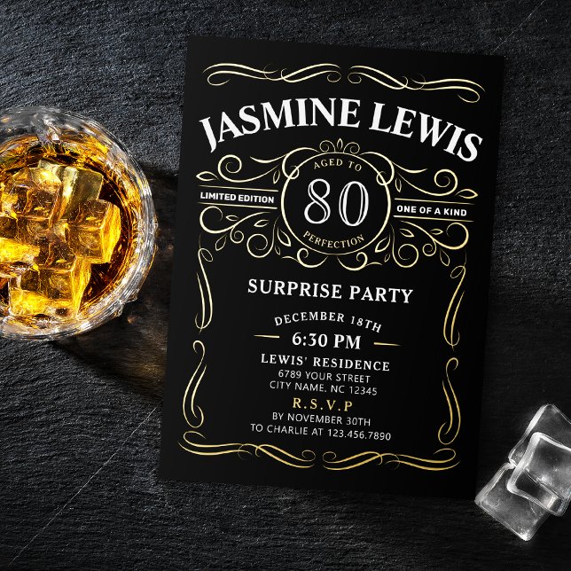 Jegliche Vintage Whiskey Themed Überraschung Gebur Folieneinladung (Any Age Vintage Whiskey Themed Surprise 80th Birthday Foil Invitation)