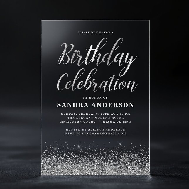 Jeglicher Geburtstag Silber Moderner Glitzer Acryleinladungen (Von Creator hochgeladen)