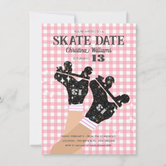 Jeglicher Gingham Pink Disco Roller Skate Geburtst Einladung