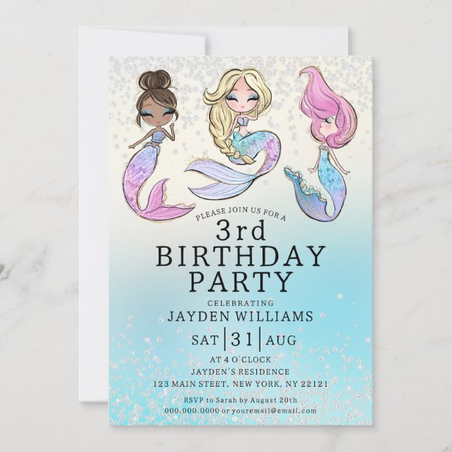 Jeglicher Glitzer Mermaid Girl Birthday Einladung (Vorderseite)