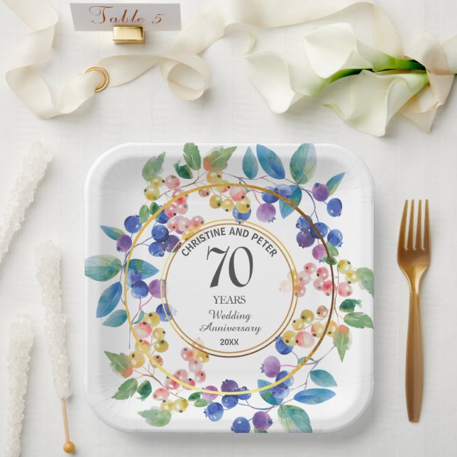 Jeglicher Hochzeitstag (70) Gold Frame Berries Pappteller (Hochzeit)
