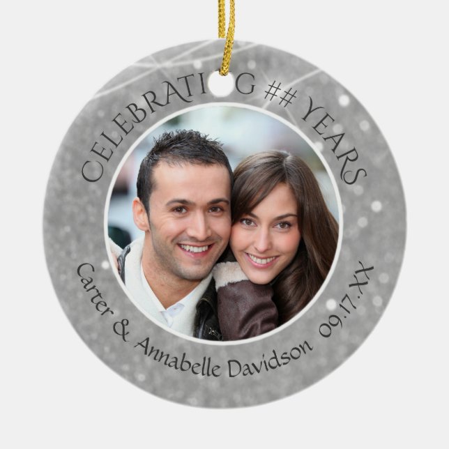 Jeglicher Hochzeitstag | Silver Sparkle Foto Keramik Ornament (Vorne)