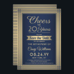 Jeglicher Ruhestand Elegant Navy Blue Gold Save The Date<br><div class="desc">Laden Sie Kollegen, Familie und Freunde zu einer eleganten Feier für ihn oder sie mit dieser Marineblau und Gold-Ruhestand-Party Einladung. Das Design verfügt über eine metallische Imitat-Grenze, moderne Streifen, stilvolle Skriptkalligraphie und Vintage Deko Typografie. Bitte beachten Sie, dass Gold gedruckt ist, nicht Folie. Diese Einladungsvorlage ist für jemanden, der nach...</div>