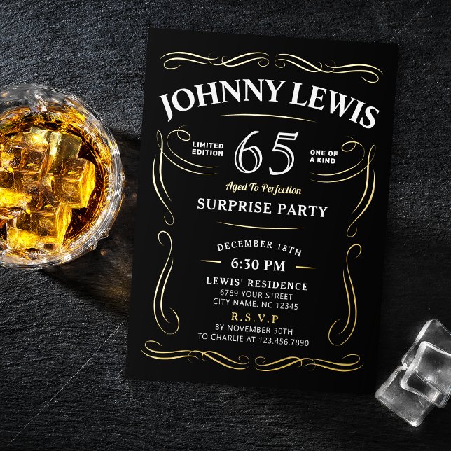 Jeglicher Vintager Whiskey-Überraschungstag Folieneinladung (Any age vintage whiskey themed surprise birthday foil invitation)