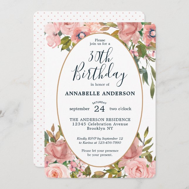 Jegliches Alter Elegante Blütenrosa Blush Gold Geb Einladung (Vorne/Hinten)
