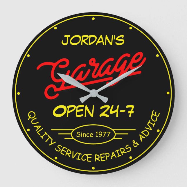 Jegliches Gartendatum Gelb rotes Retro Schwarz Große Wanduhr (Vorderseite)