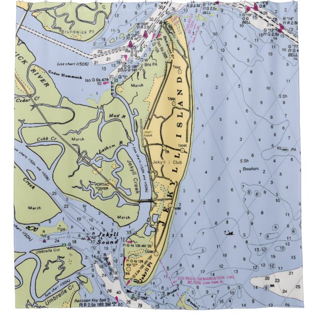 Jekyll Island Nautical Chart Shower Curtain Duschvorhang (Vorderseite)