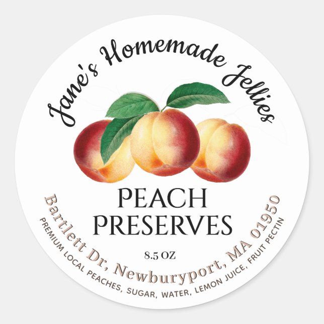 Jelly Label Vintage, hausgemachte Peach-Reserven Runder Aufkleber (Vorderseite)