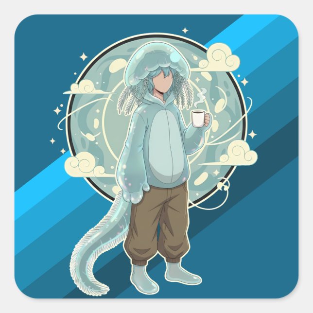 Jellyfish Boy Anime Coffee Art Quadratischer Aufkleber (Vorderseite)