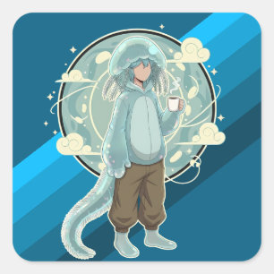 Jellyfish Boy Anime Kaffee Kunst Quadratischer Aufkleber