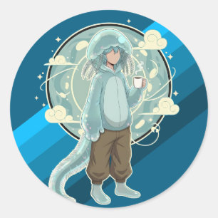 Jellyfish Boy Anime-Kaffee-Kunst Runder Aufkleber