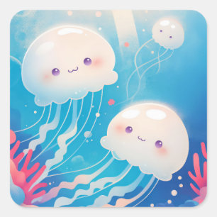 Jellyfish Buddies Adventure Quadratischer Aufkleber