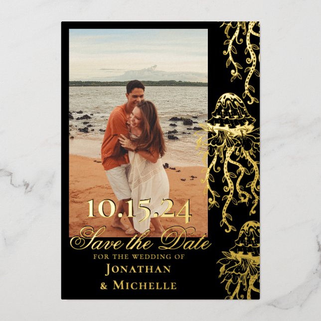 Jellyfish Gold Foil Beach Foto Save the Date Folieneinladung (Vorderseite)