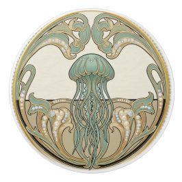 Jellyfish Green Cream & Gold Art Deco Nouveau Keramikknauf